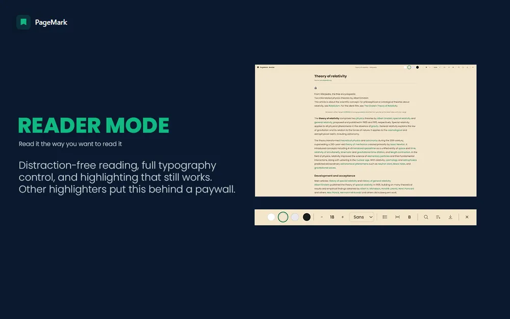 PageMark reader mode: distraction-free reading