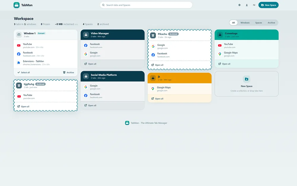 TabMan workspace with tabs grouped into spaces